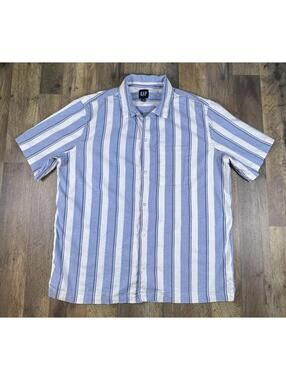 Gap Button Down Linen-Blend Vacay Shirt Blue Stripe Size Large Poolside Poplin